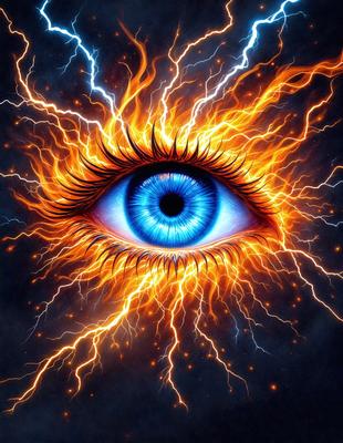The primary subject of the image is a close-up of a blue eye with a yellow background. The eye is surrounded by a vibrant yellow and orange light, creating a striking contrast with the blue eye. The setting appears to be a digital art or illustration, as the colors and lighting are not typical of a natural scene. The overall atmosphere is dynamic and visually engaging.
